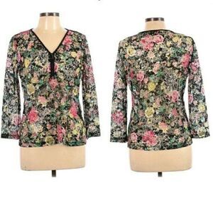 Julio Top Long Sleeve Pullover Net Mesh 3/4 Zip Pullover Lace Floral Print Sz 10